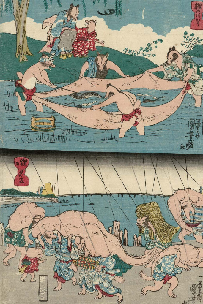 Top: Tanuki Fishing in the River (Tanuki no kawagari 狸の川が) Bottom: Tanuki in a Shower (Tanuki no yûdachi狸の夕立) From an untitled series of tanuki prints from about 1843–44 (Tenpô 14–Kôka 1). Utagawa Kuniyoshi (1797–1861) Collection of the MFA, Boston. https://www.mfa.org/collections/object/download/329887