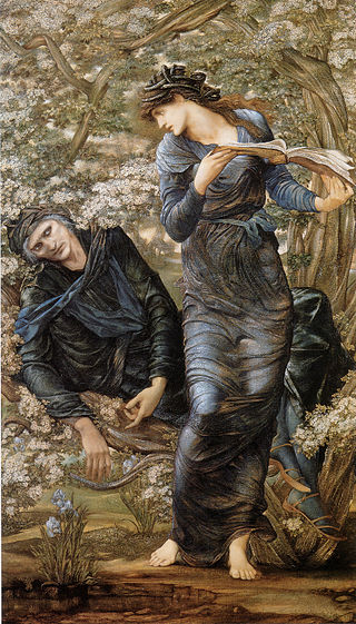 Nimue, The Lady of the Lake, shown holding the infatuated Merlin trapped and reading from a book of spells, in The Beguiling of Merlin (1872–1877) by Edward Burne-Jones