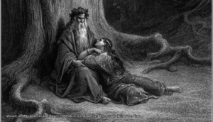 Viviane and Merlin in Gustave Doré's 1868 illustration for Alfred Tennyson's Idylls of the King