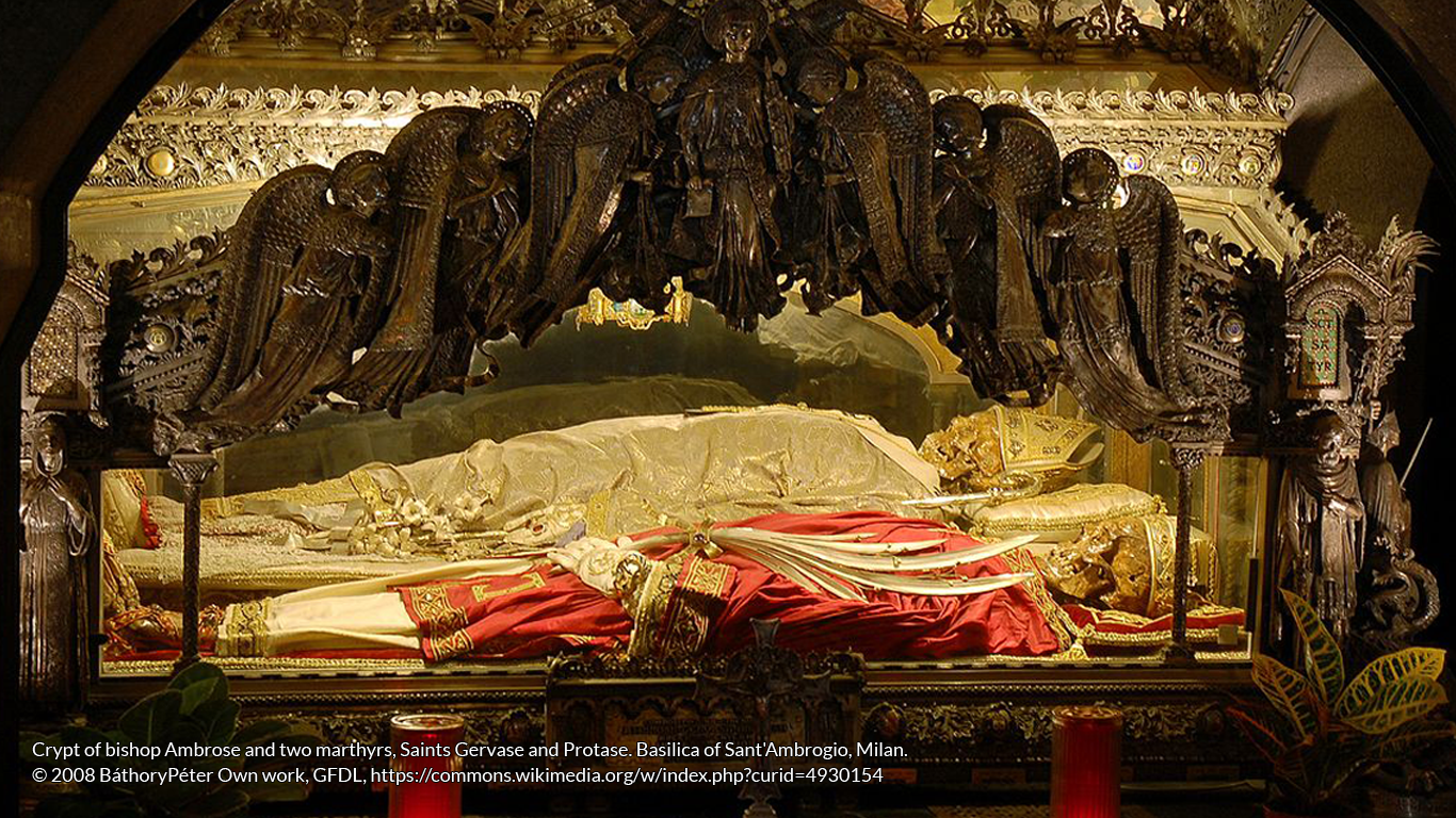The body of Ambrose (with white vestments) in the crypt of Sant'Ambrogio basilica.