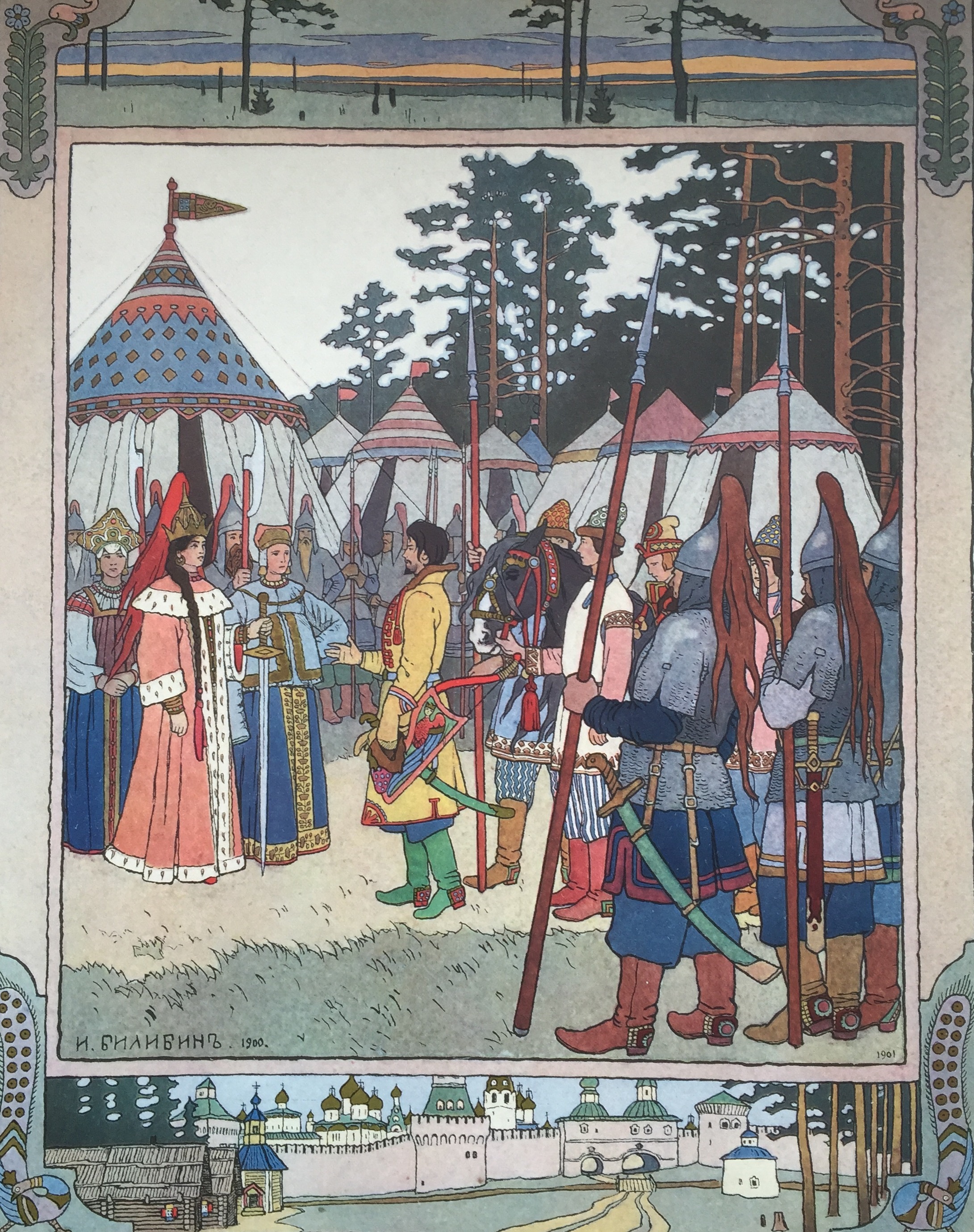 Marja Morevna, the warrior queen, greets her handsome visitor. From Marja Morevna, a Russian Fairy Tale by Ivan Bilibin.