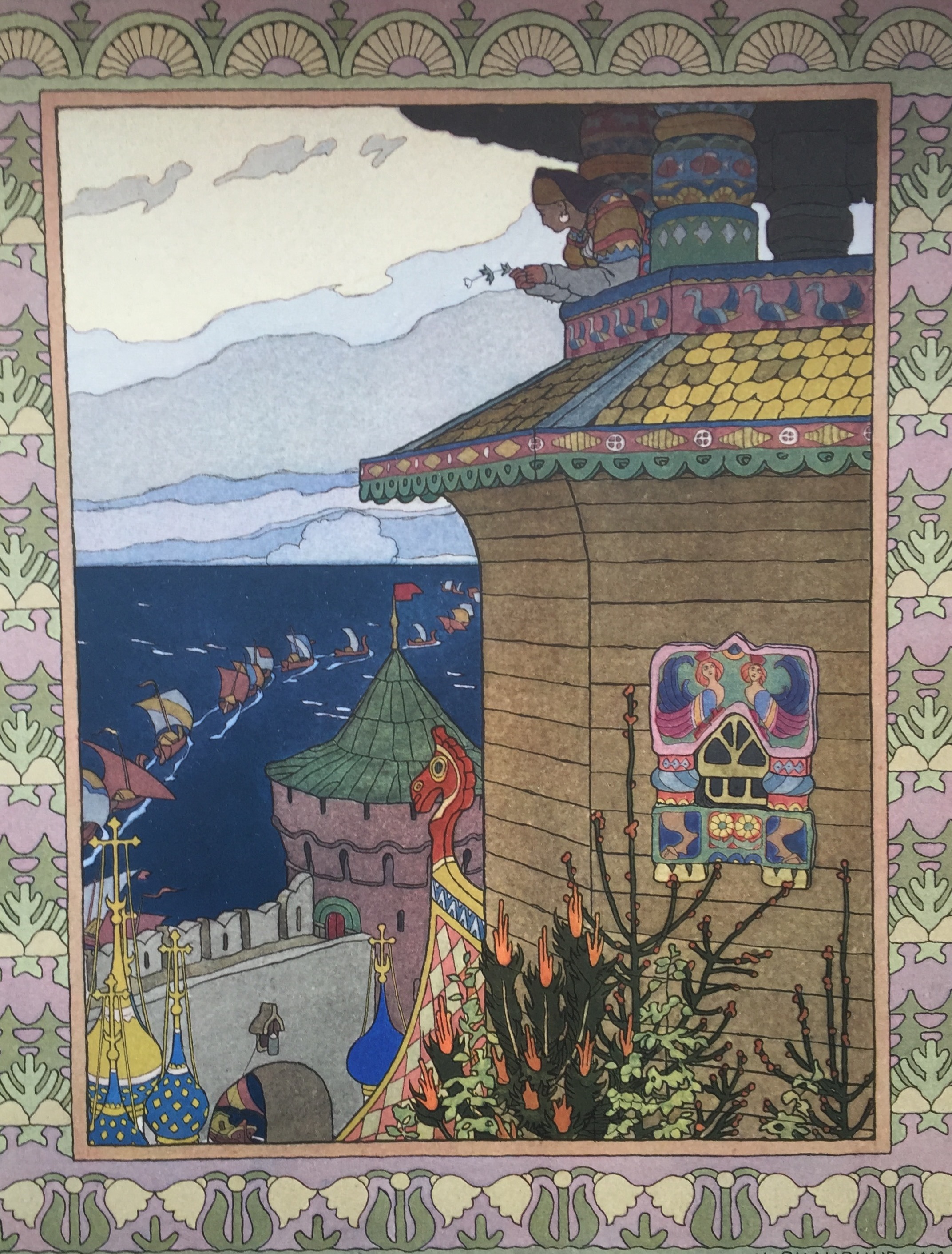The royal housewife queen watches her husband sail away. From from The Little White Duck, a Russian Fairy Tale by Ivan Bilibin.