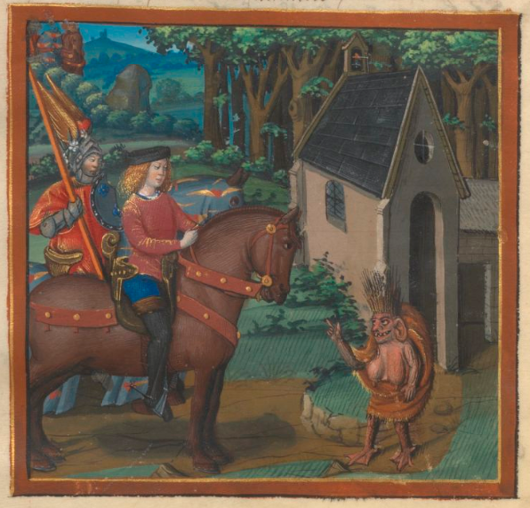 A knight encounters an outlandish dwarf. René d'Anjou, Le livre du Coeur d'amour épris (c. 1460-85), BnF Français 24399, fol. 8v