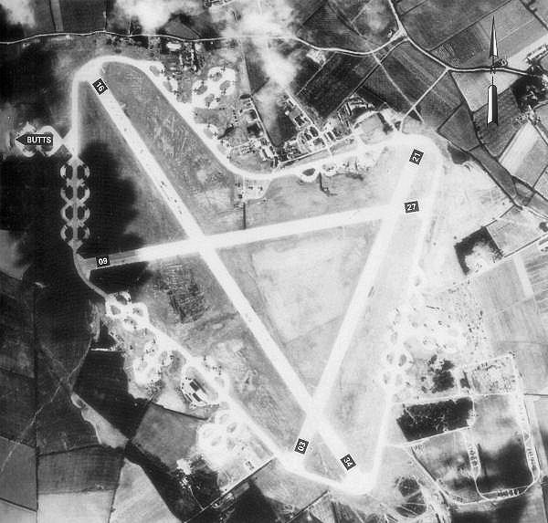 Boreham Airfield. Dukes Wood, one potential location for the 'witches stone' passed vertically through the middle of this site © By British Government - Royal Ordinance Survey. Crown Copyright expired 50 years after photograph taken in 1944. Annotations on photo from Freeman, Roger A., UK Airfields of the Ninth: Then and Now (Original uploader: Bwmoll3 - 2009 https://commons.wikimedia.org/w/index.php?curid=18179201)