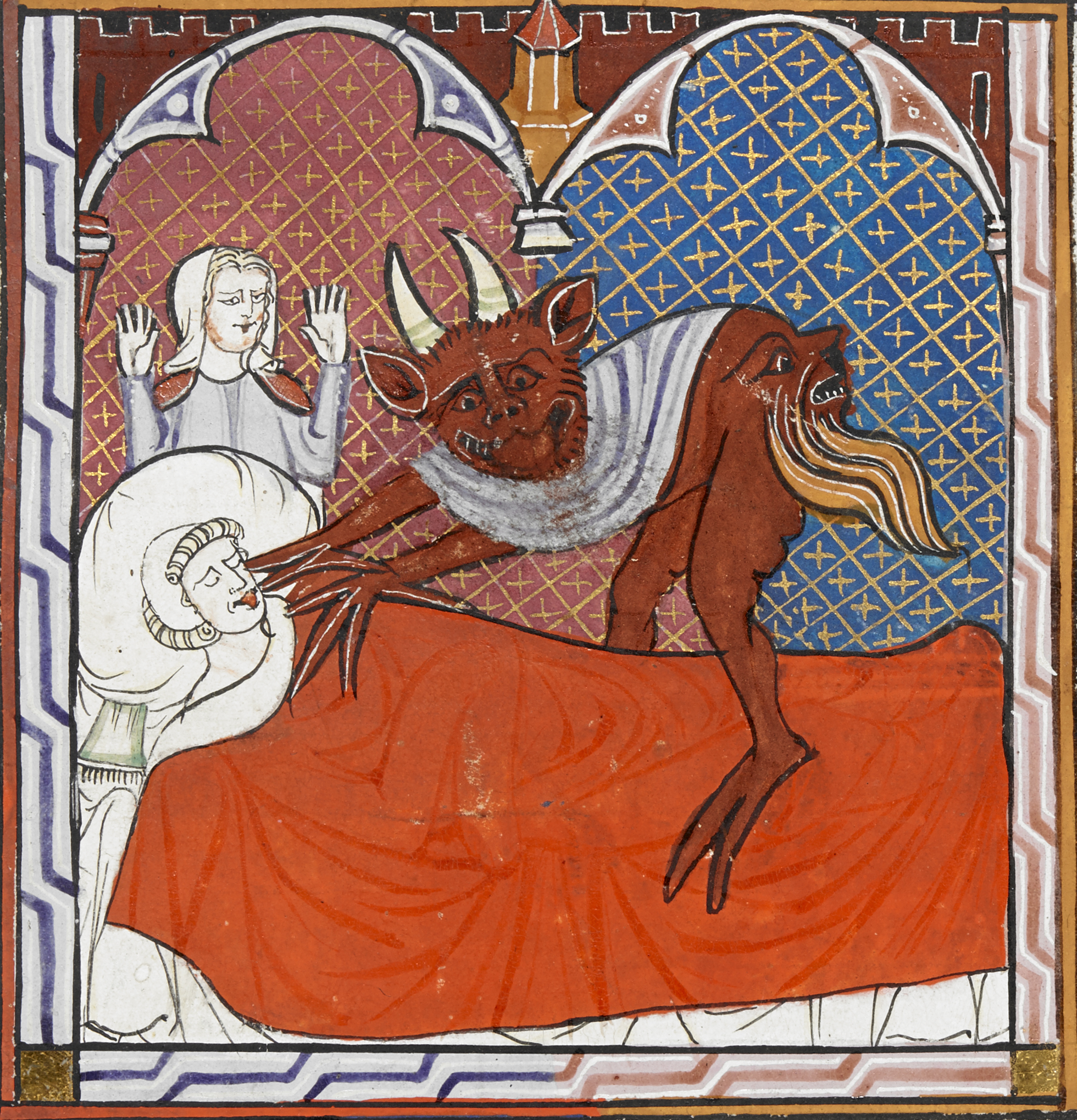 A gleeful devil claims a dead man. Justinian, Digestum Vetus with glossa ordinaria (c. 1300-1310), BL Arundel 484, fol. 245.