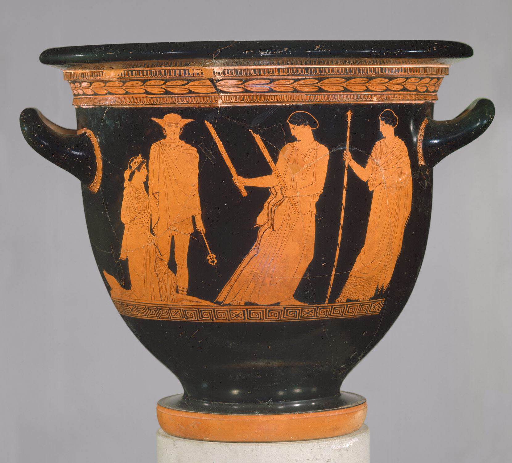 Hekate, with torches, leading Persephone from the Underworld. From a terracotta krater, attributed to the Persephone Painter, c.440 BC 