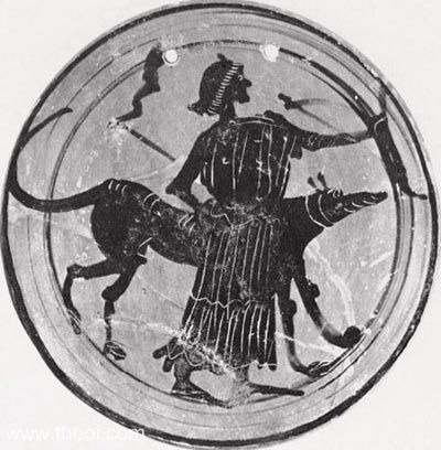 Hekate with torches bow and torches, accompanied by a dog. Attic Black Figure kylix