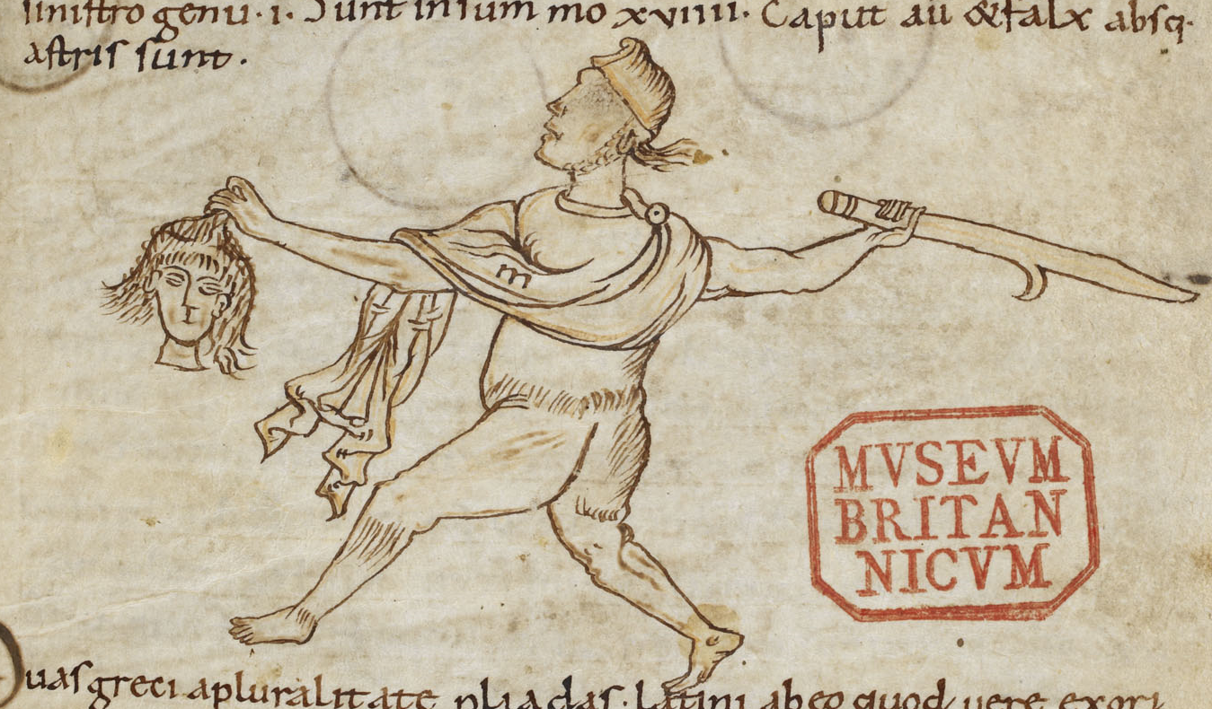 Perseus holding the head of Medusa. BL Harley MS 3595 (c. 900-1050), fol. 49r