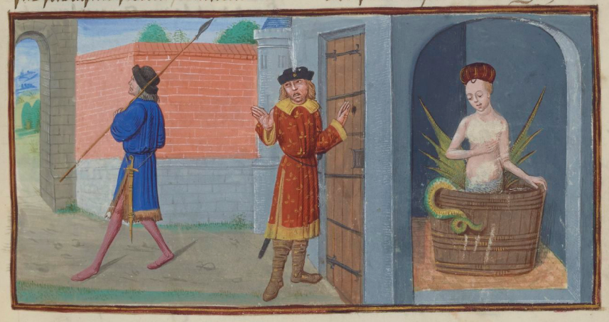 Henno’s wife is clearly related to the folkloric tales of Melusine, condemned to be mermaid-like half fish or serpent once a week. Couldrette, Roman de Mélusine (c. 1401-1500), BnF Français 24383, fol. 19r.