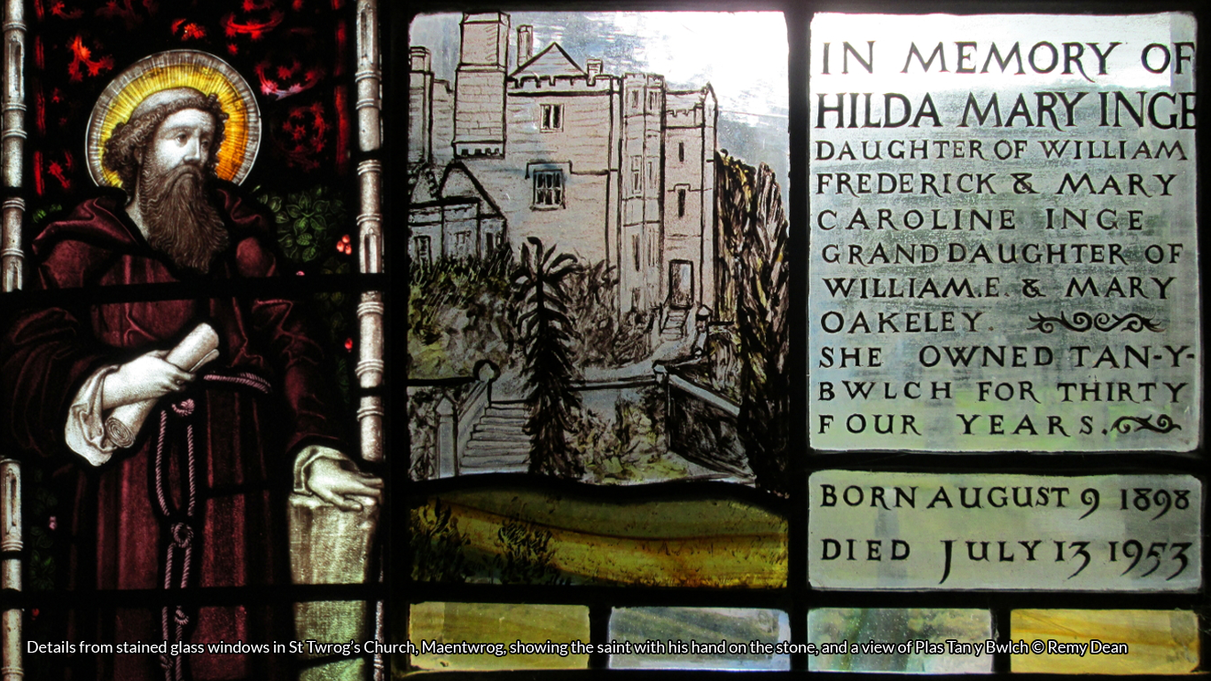 Details from stained glass windows in St Twrog’s Church, Maentwrog, showing the saint with his hand on the stone, and a view of Plas Tan y Bwlch © Remy Dean
