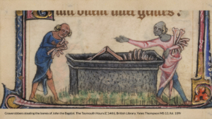 Graverobbers stealing the bones of John the Baptist. The Taymouth Hours (C14th), British Library, Yates Thompson MS 13, fol. 109r