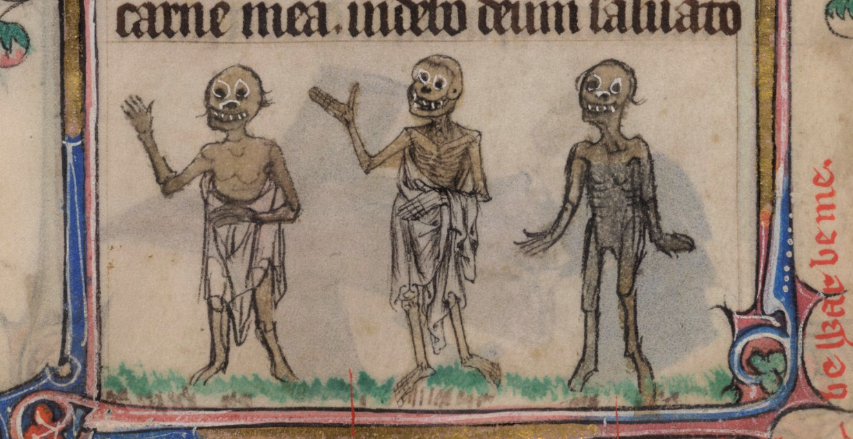 Walking corpses, from a marginalia depiction of ‘The Three Living and the Three Dead’. The Taymouth Hours (C14th), British Library, Yates Thompson MS 13, fol. 180r. 