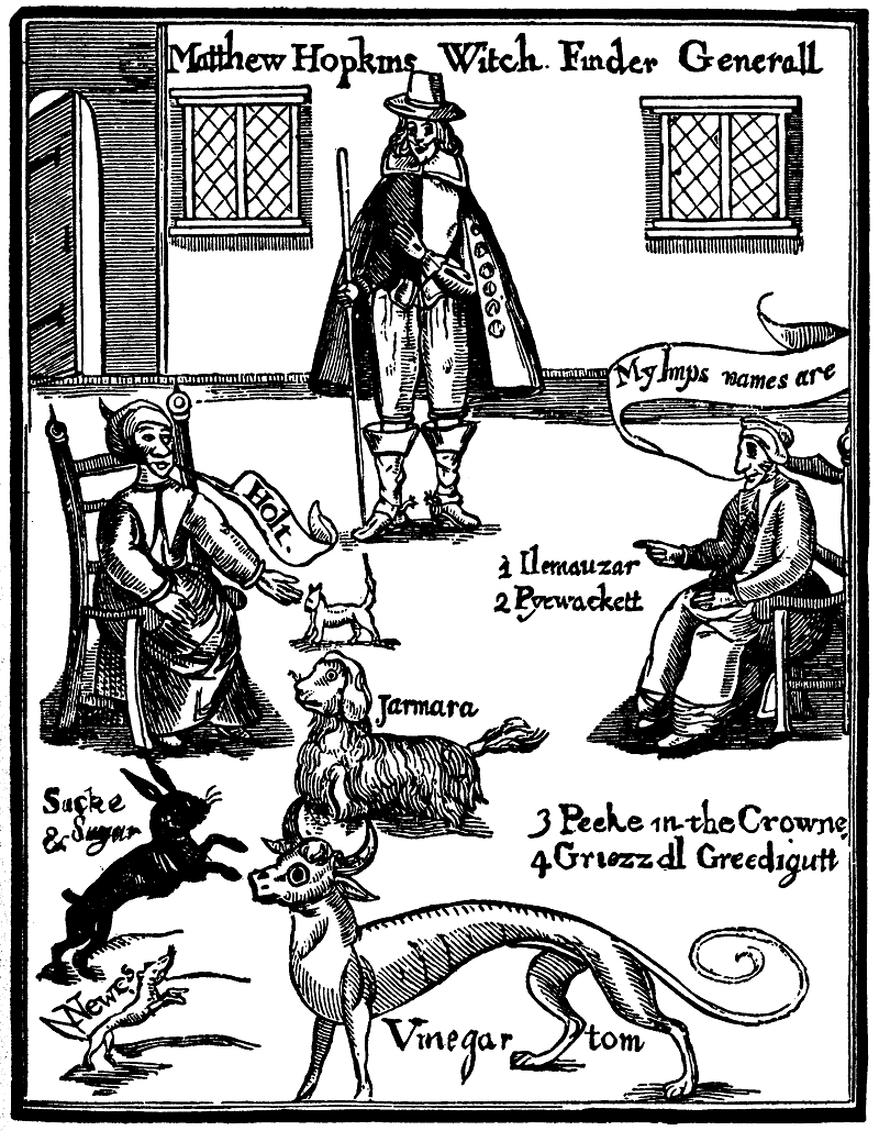 Matthew Hopkins, with two supposed witches calling out the names of their demons © Wellcome Library
