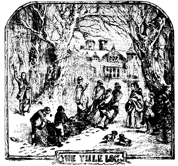 Dragging the Yule Log Home, 1864 https://commons.wikimedia.org/wiki/File:Chambers_Yule_Log.png