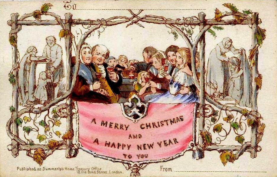 The world's first commercially produced Christmas card, made by Henry Cole 1843.
