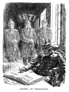 Ghosts at Versailles. Published in Punch 7 May 1919. Kaiser Wilhelm II ponders the very different negotiations at Versailles in 1871 when Germany was the triumphant victor of the Franco-Prussian War. The shades of Otto von Bismarck and his grandfather Wilhelm I appear before the recalcitrant Kaiser. By Bernard Partridge © Punch Ltd