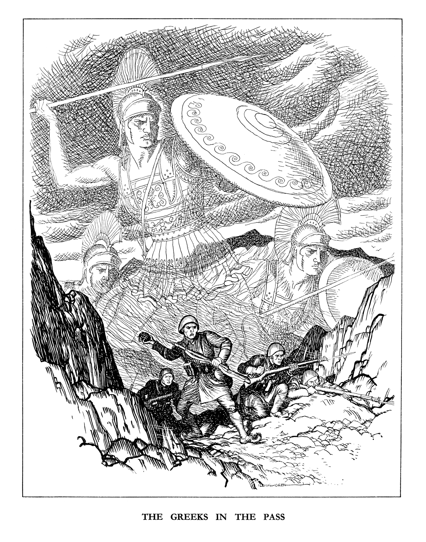 The Greeks in the Pass. Published in Punch 27 November 1940. As the Greek Army battles the Italians they are watched over by the heroic defenders of Thermopylae more than two thousand years before. By Leslie Illingworth © Punch Ltd