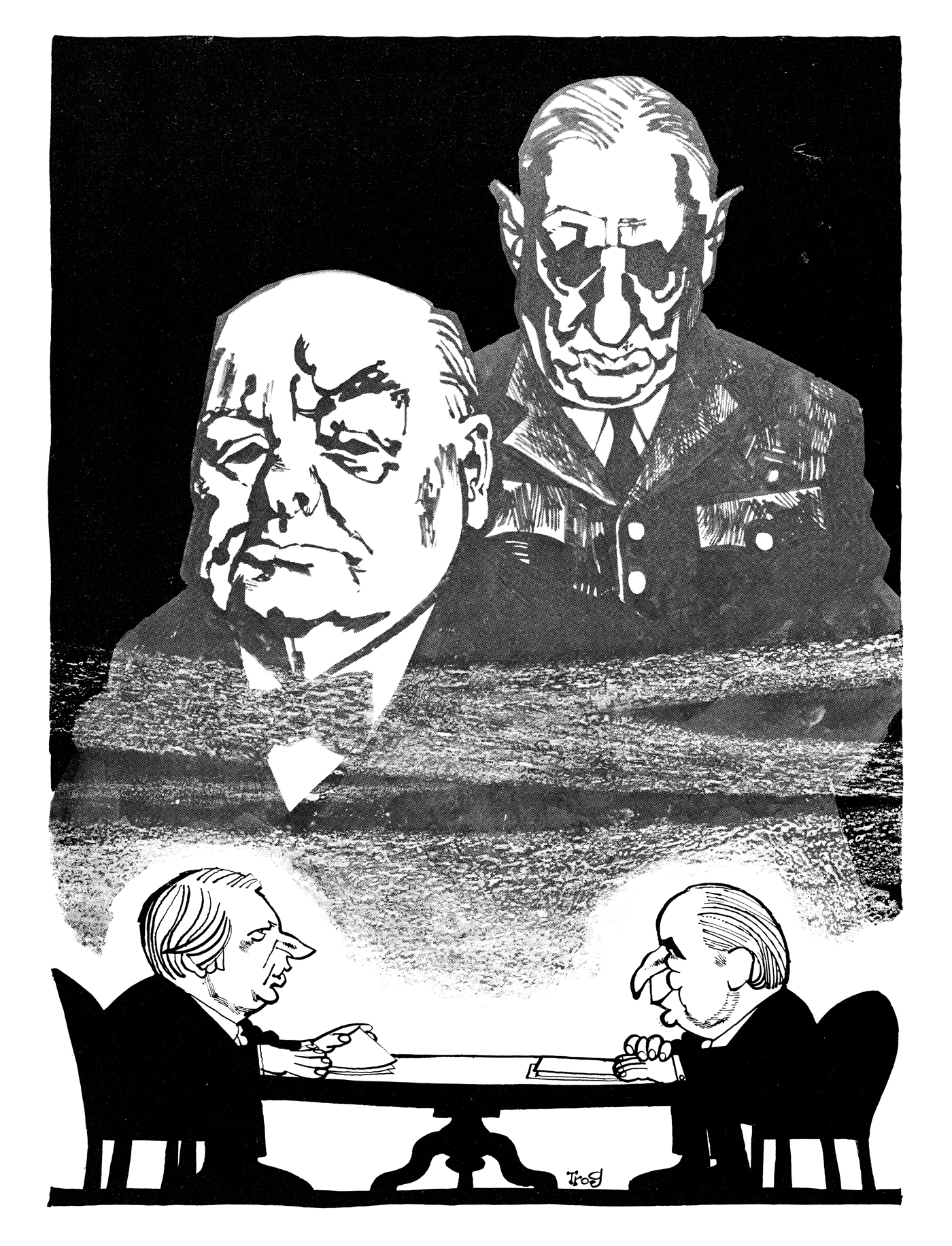 The powerful shades of De Gaulle and Churchill watch over the summit between British prime minister Edward Heath and French leader Georges Pompidou as they negotiate Britain’s entry to the European Economic Community. Published 19 May 1971. By Trog (Wally Fawkes)© Punch Ltd