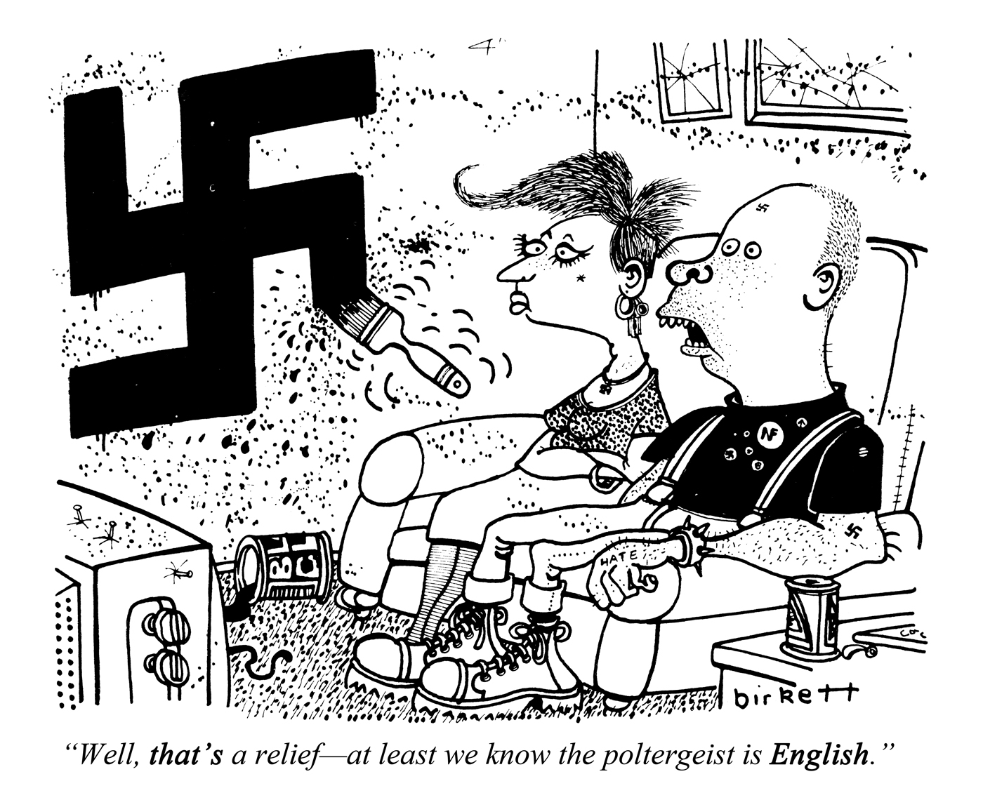 "Well, that's a relief - at least we know the poltergeist is English." Punch 27 April 1983. By Peter Birkett © Punch Ltd