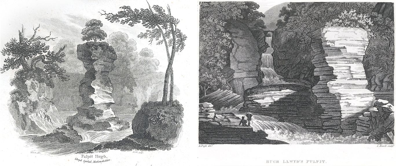 Two somewhat romanticised etchings of Huw Llwyd’s Pulpit, by Andrew Wilson, 1812 (left) and Edward Pugh, 1814 (right) © digital scans courtesy of the National Library of Wales (Public Domain images)