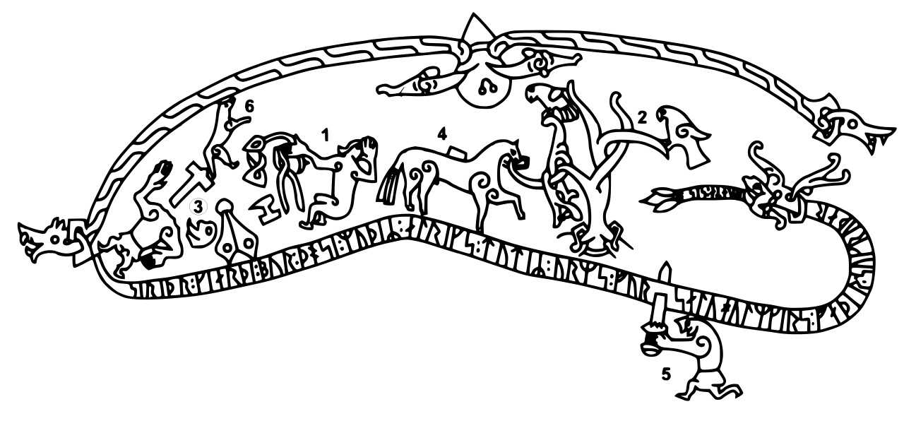 Drawing of The Ramsund carving in Sweden depicting scenes from the first part of the legend. Anonymous 19th Century artist’s sketch of Viking Age image painted on rock in Sweden. https://en.wikipedia.org/wiki/Sigurd_stones#/media/File:Sigurd.svg