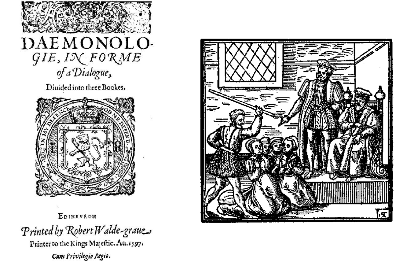 Title page of Daemonolgie, 1597, and woodcut illustration from the book showing four witches presenting their ‘confessions’ to King James VI of Scotland