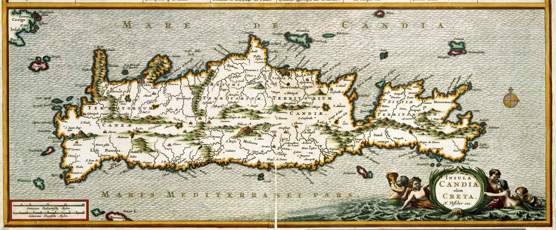 17th century map of Crete, highlighting the labyrinth at Gortyn