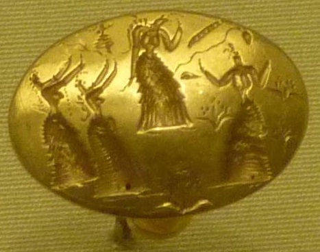 Isopata gold ring. Found in Isopata (Crete), 15th century B.C. https://commons.wikimedia.org/wiki/File:P1010629_crop.png