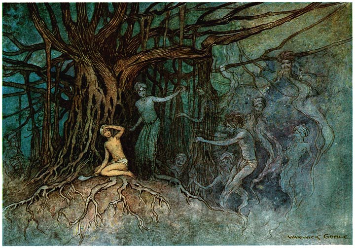 Ghosts tormenting a man who tried to cut the wood of a sacred fig tree in India by Warwick Goble (1912)