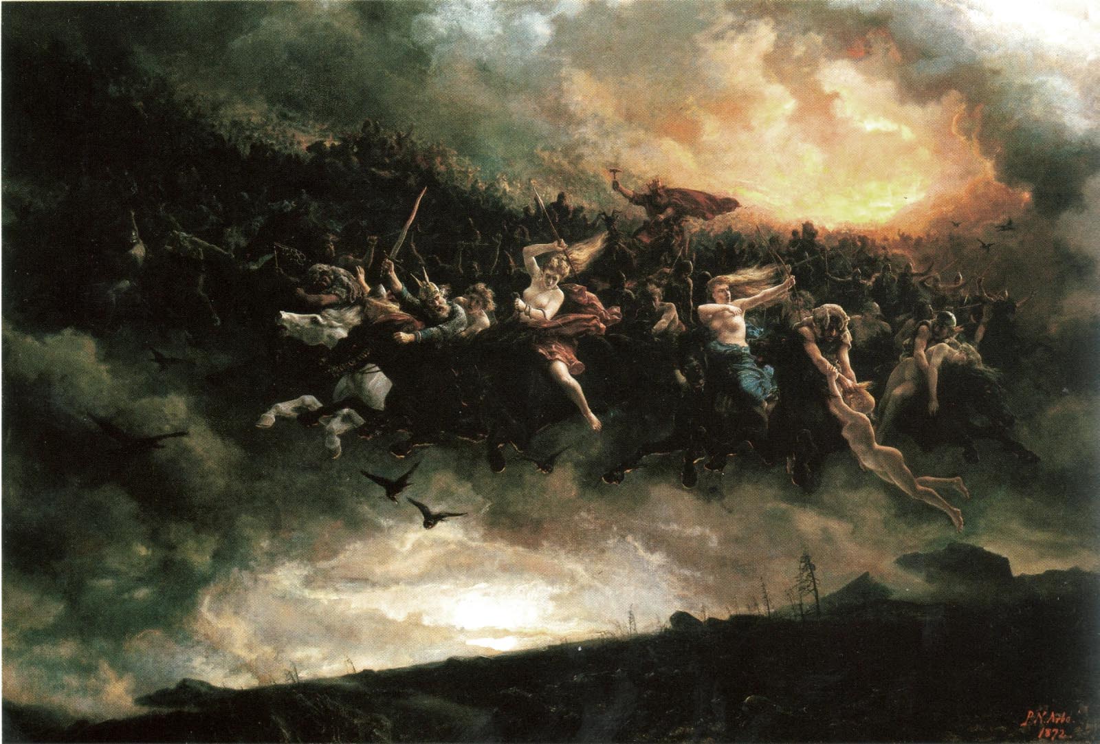 Oil on canvas rendering of the Wild Hunt, currently on display in the National Gallery, Norway © Peter Nicolai Arbo https://commons.wikimedia.org/wiki/File:Aasgaardreien_peter_nicolai_arbo_mindre.jpg