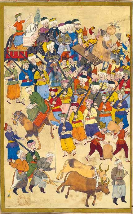 Procession of the guilds. Shown are the bakers with an oven, bread, and in the lower part farmers with wheat. Ottoman miniature painting, from the Surname-ı Vehbi, kept at the Topkapı Sarayı Müzesi, Istanbul https://commons.wikimedia.org/wiki/File:Surname_71b.jpg