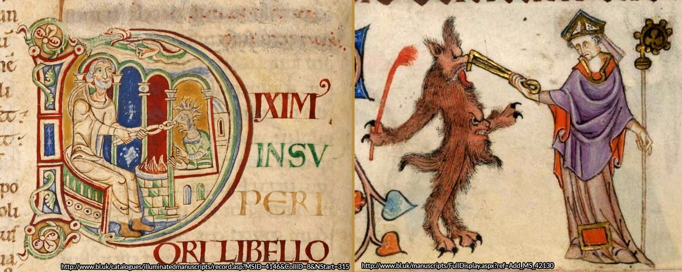 Saint Dunstan using his blacksmith’s tongs to grasp the Devil’s nose. As depicted in two Mediaeval manuscripts. Left, from the Harley Manuscripts and right, from the Luttrell Psalter - both courtesy British Library Digitised Manuscripts Archive. http://www.bl.uk/catalogues/illuminatedmanuscripts/welcome.htm