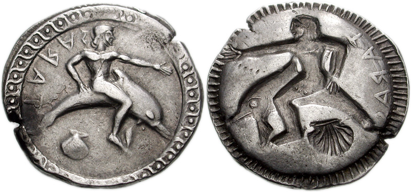 Taras, founder of Taranto, was rescued by a dolphin sent by his father Poseidon. By Classical Numismatic Group, Inc. http://www.cngcoins.com, CC BY-SA 3.0, https://commons.wikimedia.org/w/index.php?curid=1011237