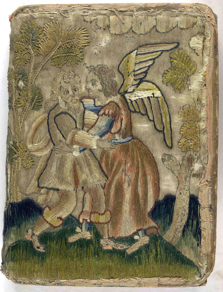 The embroidered cover of this book depicts Jacob wrestling the angel – most beliefs about angels were derived from their appearances in Scripture. The Whole Booke of Davids Psalmes (London, 1634), The British Library. Photo: BL. https://commons.wikimedia.org/wiki/File:17th_century_embroidered_satin_book.jpg