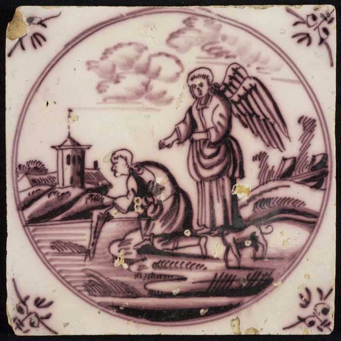 This Dutch tile depicts the archangel Raphael overseeing Tobias as he takes a fish from the river. The angel explains how to make a remedy from the fishes gall. ©Museum Rotterdam. https://commons.wikimedia.org/wiki/File%3A1448-tobias-vis.jpg