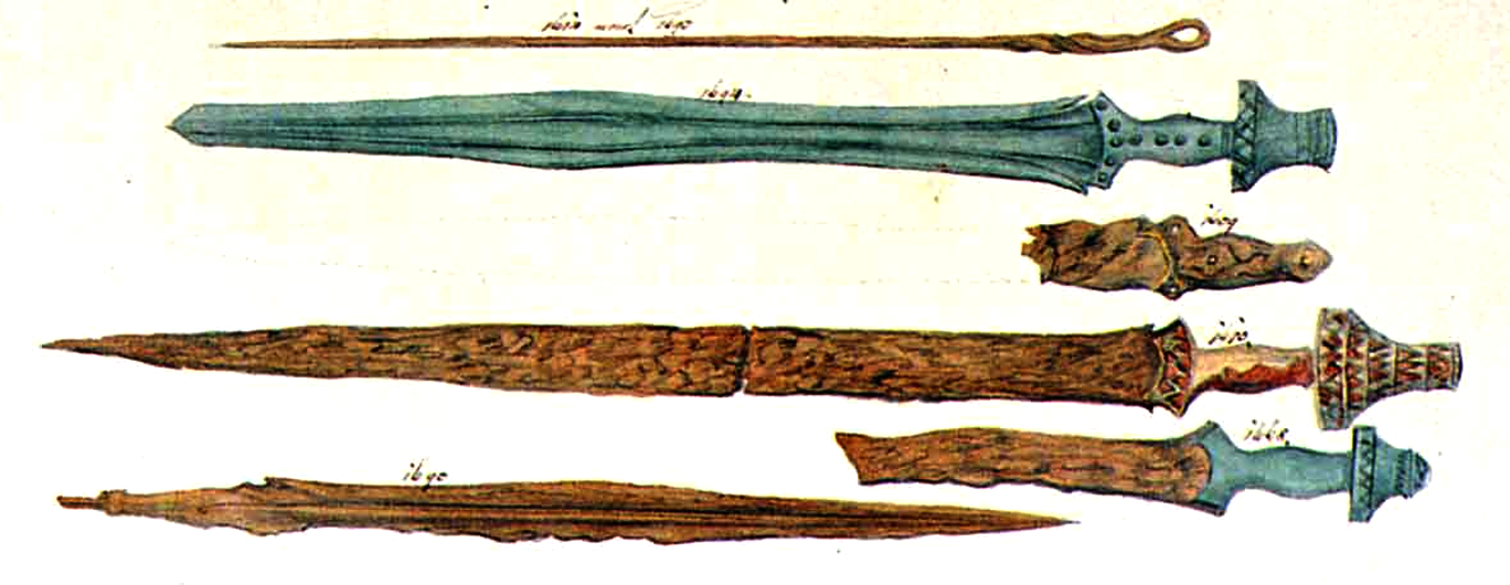 Drawing of Iron and Bronze swords found in Hallstatt https://en.wikipedia.org/wiki/File:Hallstatt_culture_swords_ramsauer.jpg