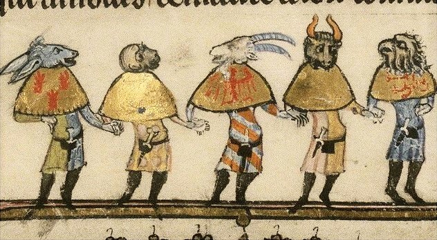 Five Animal-Headed Carnival Mummers, c. 1338-44, MS Bodl. 264, fol 181v. http://bodley30.bodley.ox.ac.uk:8180/luna/servlet/detail/ODLodl~7~7~55851~116209:MS--Bodl--264?sort=Shelfmark