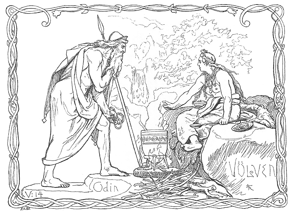 Odin consults a Vǫlva Shaman https://commons.wikimedia.org/wiki/File:Odin_og_V%C3%B6lven_by_Fr%C3%B8lich.jpg