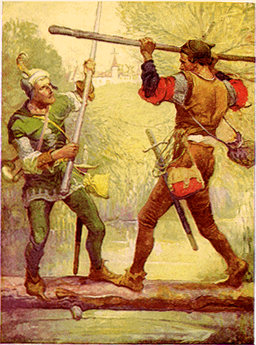 Many scenes we are familiar with, such as Robin Hood duelling with Little John, were popularised by writers like Howard Pyle. © Louis Rhead https://commons.wikimedia.org/wiki/Robin_Hood#/media/File:Robin_Hood_and_Little_John,_by_Louis_Rhead_1912.png