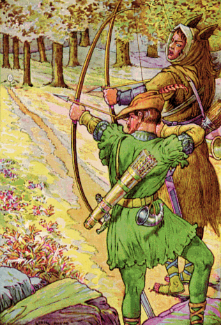 Robin shoots with Sir Guy. This 1912 illustration does indeed depict a scene played out in the original ballads. © Louis Rhead https://commons.wikimedia.org/wiki/Robin_Hood#/media/File:Robin_shoots_with_sir_Guy_by_Louis_Rhead_1912.png