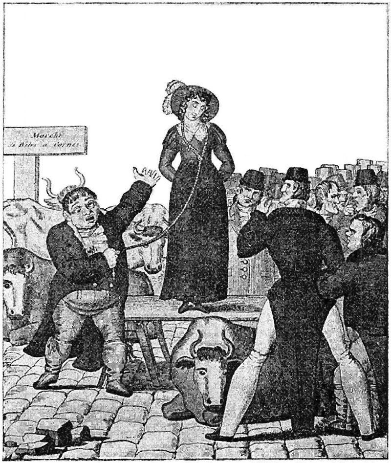 19th Century Wife-Sale in Staines Market from a Georgian Print, where the wife is shown wearing a halter. https://commons.wikimedia.org/wiki/File:Contemporary_wife_selling_print_georgian_scrapbook_1949.jpg