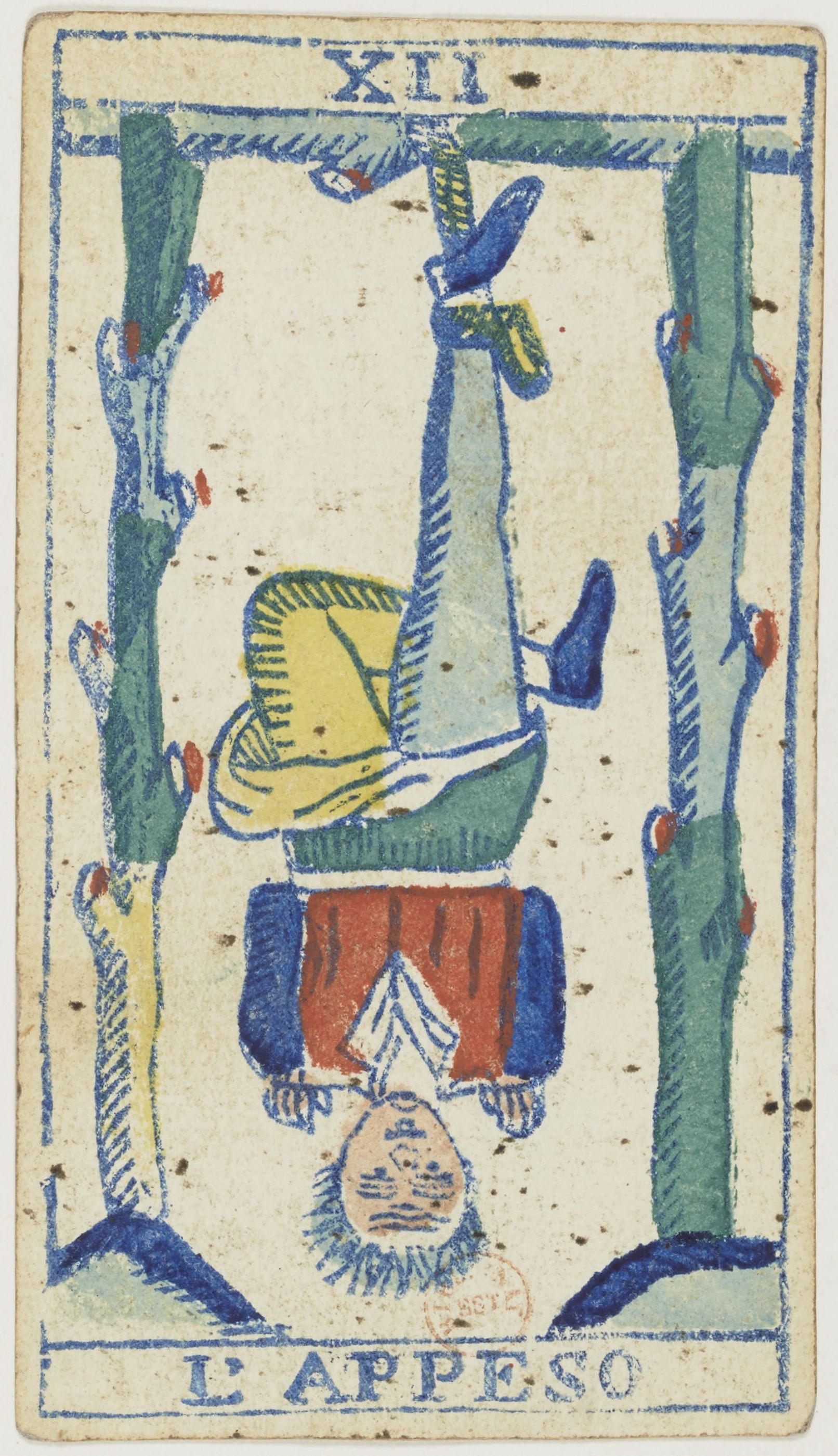 The Hanged Man in a Piedmontese Tarot deck, by F. F. Solesio (editor) https://commons.wikimedia.org/wiki/File:Piedmontese_tarot_deck_-_Solesio_-_1865_-_Trump_-_12_-_The_Hanged_Man.jpg?uselang=en-gb