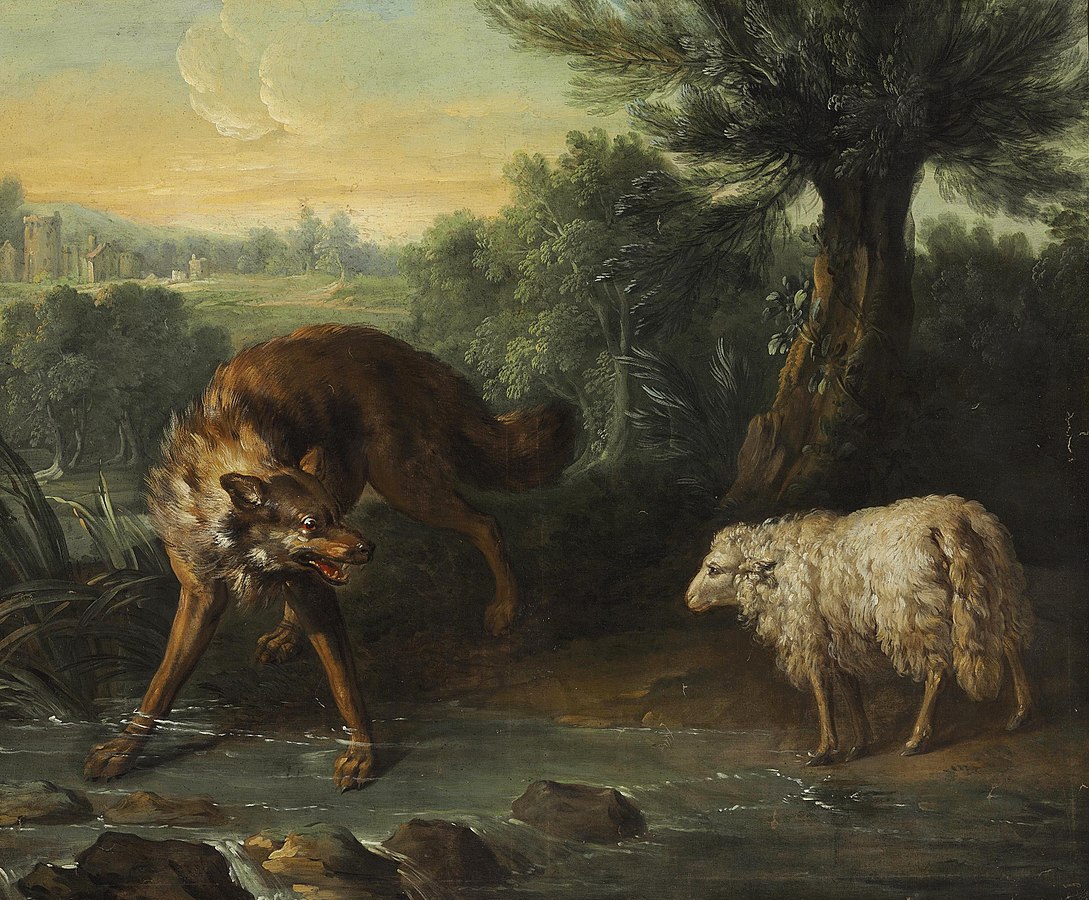 Painting of a wolf snarling at a lamb near a river.