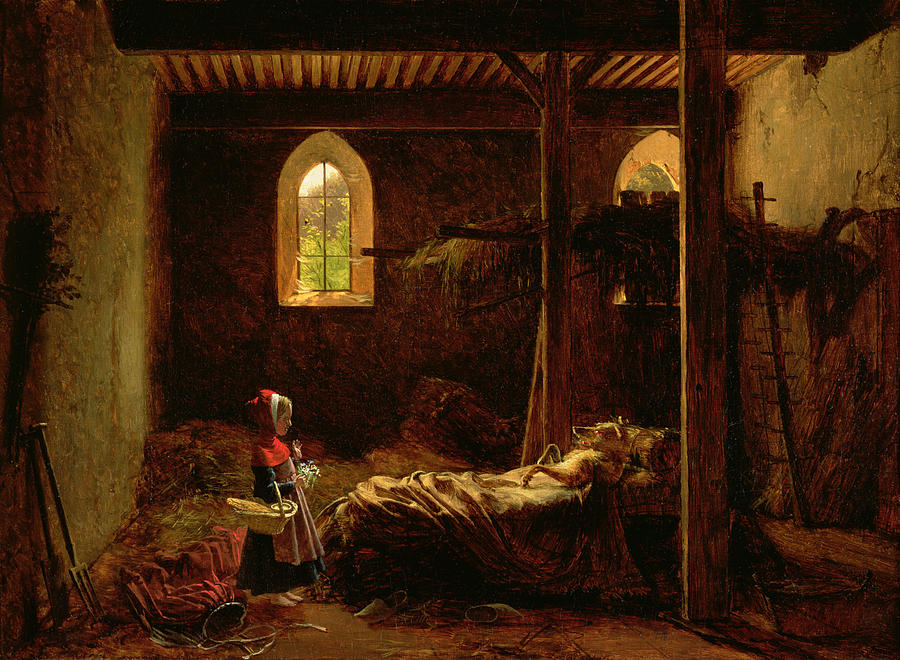 Painting of someone lying in a large bed, and Red Riding Hood standing in front.