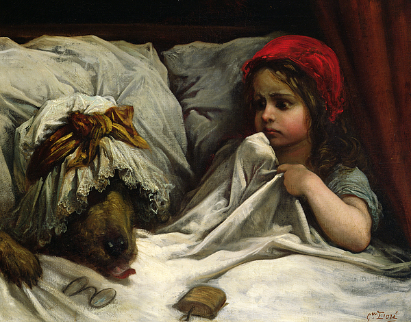 Red Riding Hood sitting next to the wolf in her grandmother's bed.