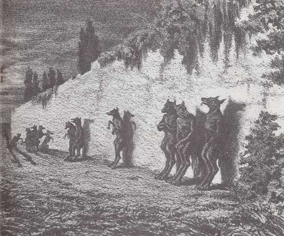 Illustration of a group of werewolves leaning against a wall. 