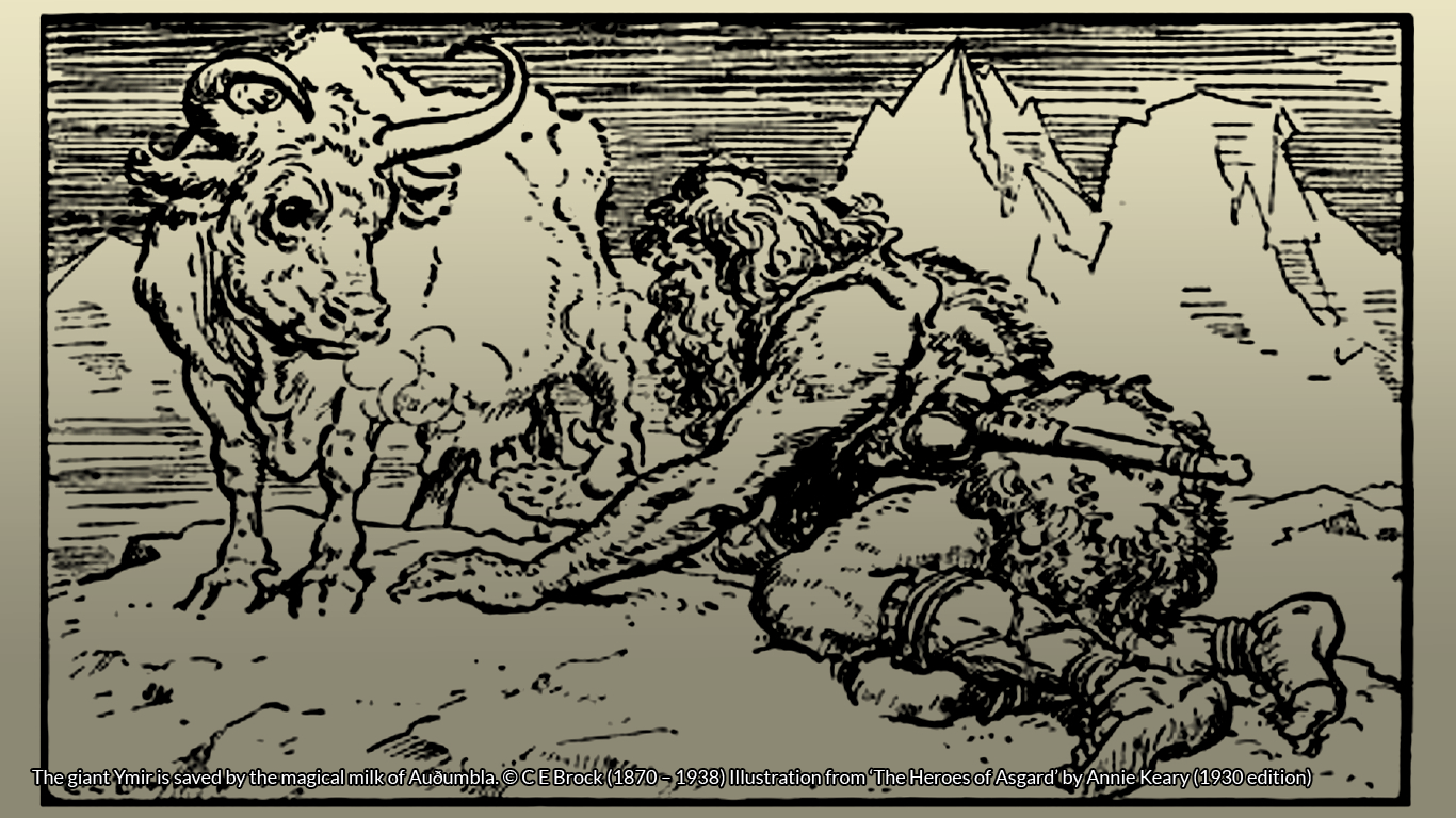 Drawing of the giant Ymir with Auðumbla the cow.