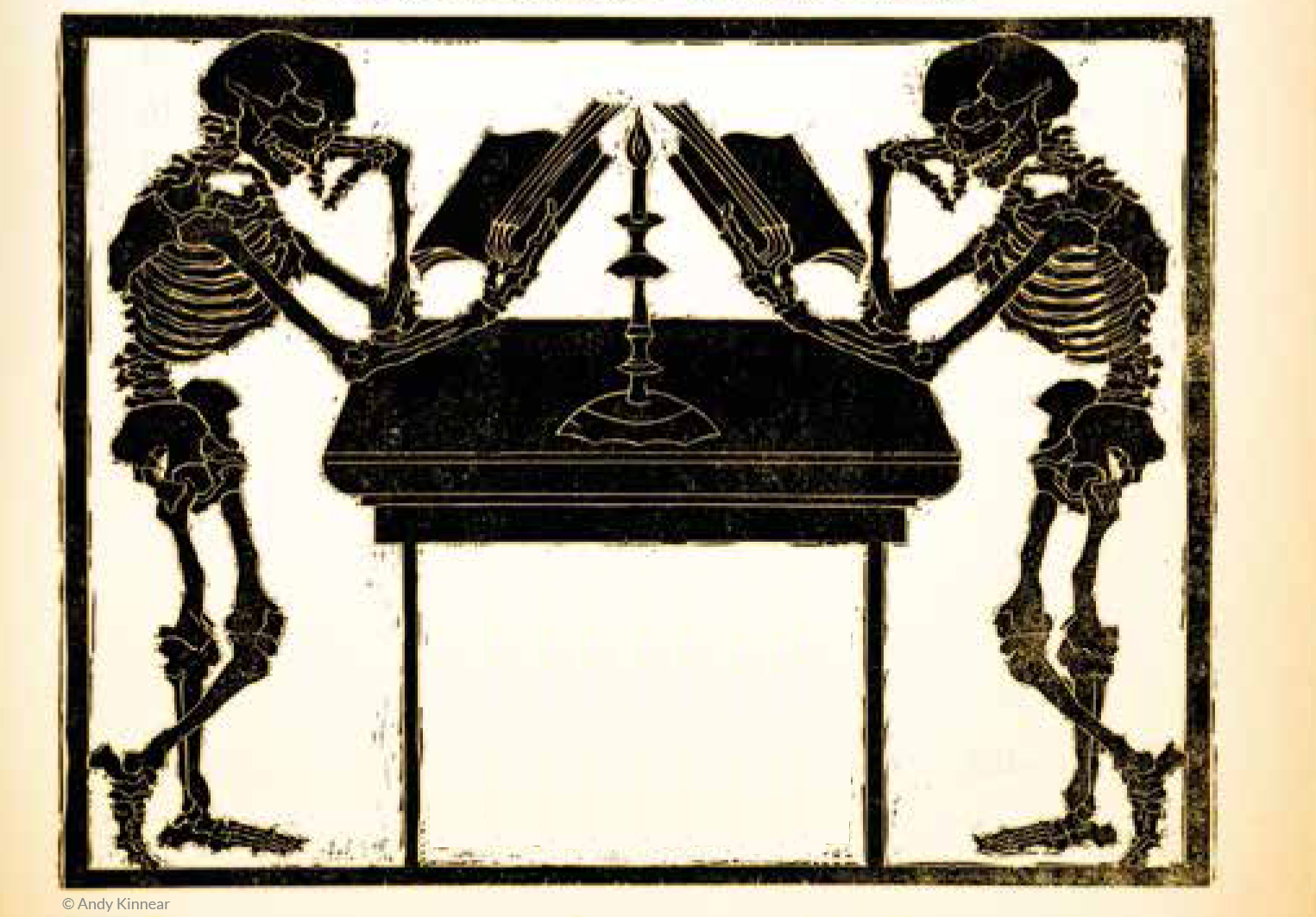 Cover image from Ballad Tales by Kevan Manwaring: Two skeletons reading at a desk