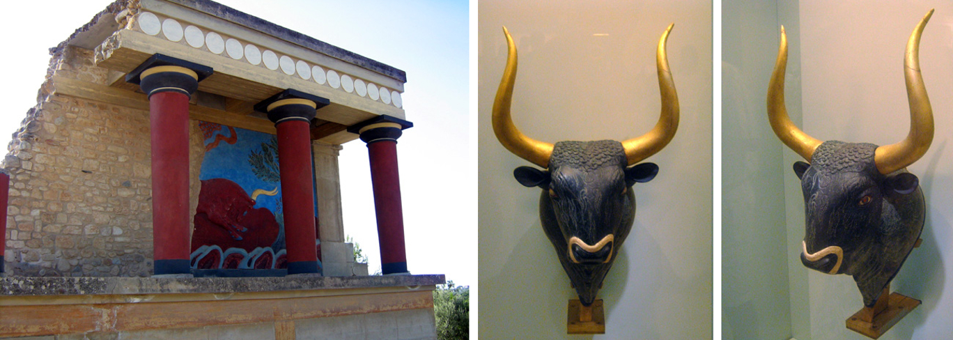 The famous ‘red devil mural’ at the ‘New Palace’, Knossos, depicting a charging bull-aurochs, and the exquisite Bull’s Head Libation Vessel, shown at the Heraklion Archaeological Museum 