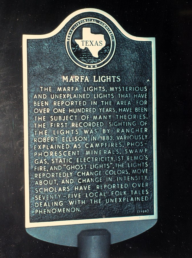 Sign about the Marfa Lights from Roswell UFO Museum, Roswell, New Mexico, USA.